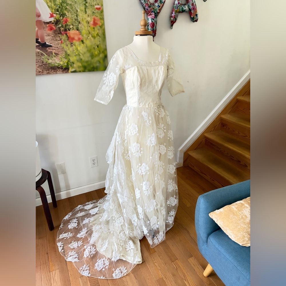 1950’s True Vintage ivory Handmade Wedding gown dress handmade lace - Picture 12 of 13